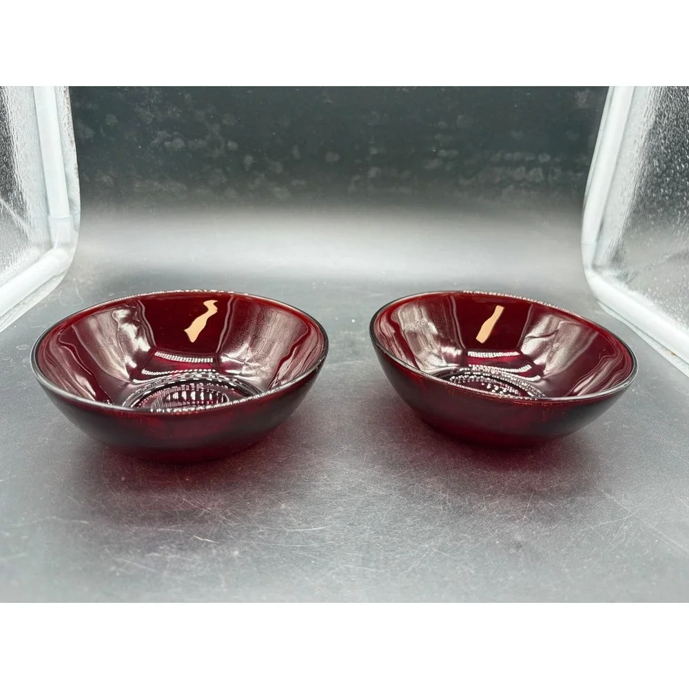 Vintage Ruby Red Glass Small Bowls Set of 2 Crimson Dessert Berry Dishes 4.75